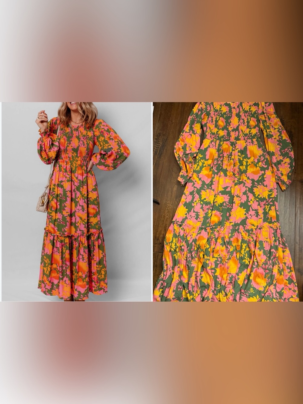 J.NNA Boho Floral Long Balloon Sleeve Smocked Bodice Ruffle Maxi Dress Large